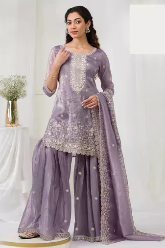 lavender embroidery sequins work georgette sharara suit