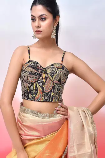 Women Embroidered Saree Blouse With Tie-up Back