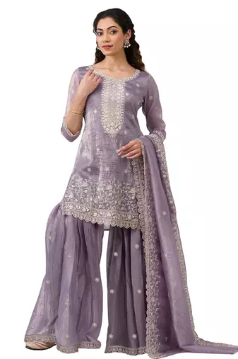 lavender embroidery sequins work georgette sharara suit