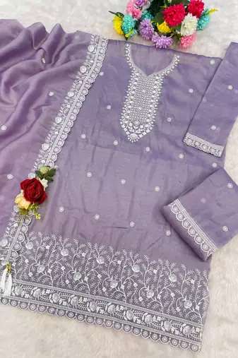 lavender embroidery sequins work georgette sharara suit