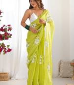 premium jimmy choo party-wear saree with embroidery sequin butta & white banglory silk blouse