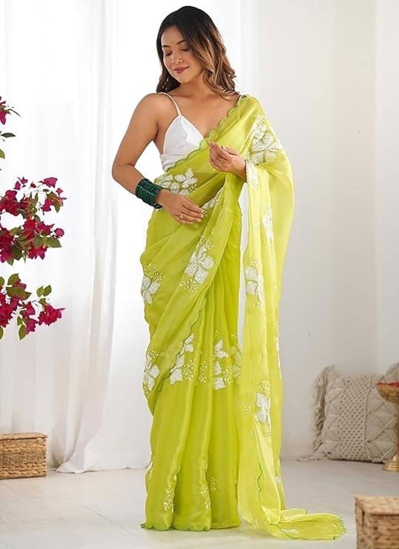 premium jimmy choo party-wear saree with embroidery sequin butta & white banglory silk blouse