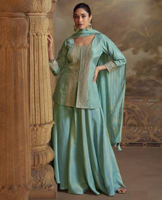 Sky blue embroidered viscose palazzo style salwar suit - Full Stitched free size 1