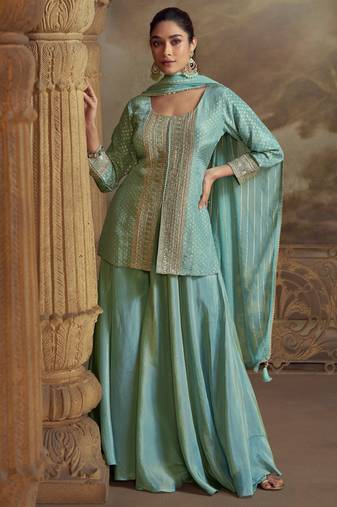 Sky blue embroidered viscose palazzo style salwar suit - Full Stitched free size