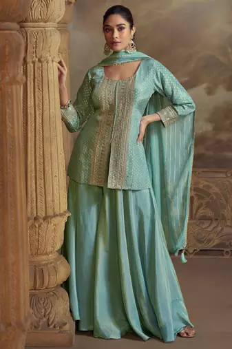 Sky blue embroidered viscose palazzo style salwar suit - Full Stitched free size