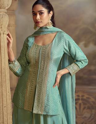 Sky blue embroidered viscose palazzo style salwar suit - Full Stitched free size 2