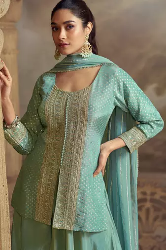 Sky blue embroidered viscose palazzo style salwar suit - Full Stitched free size