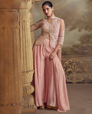 Pink colour embroidered net palazzo style salwar suit- Full Stitched free size 1