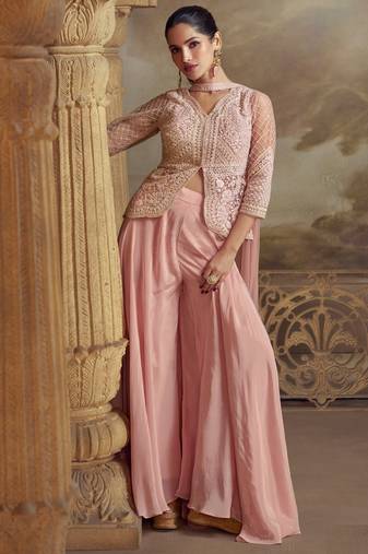 Pink colour embroidered net palazzo style salwar suit- Full Stitched free size