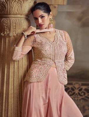 Pink colour embroidered net palazzo style salwar suit- Full Stitched free size 2