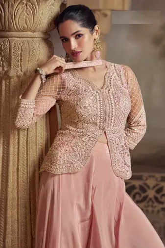 Pink colour embroidered net palazzo style salwar suit- Full Stitched free size