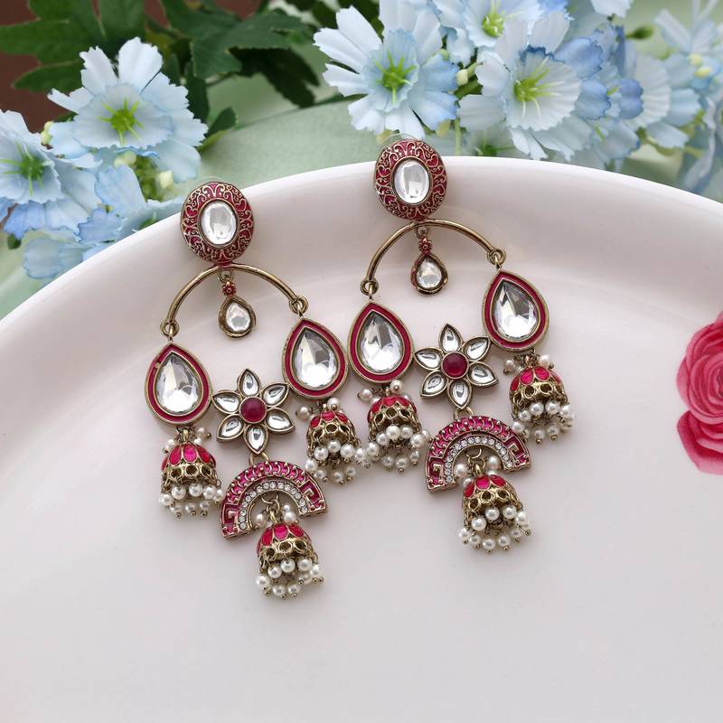 Rani color kundan earrings