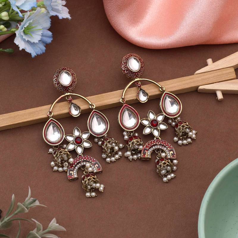 Rani color kundan earrings
