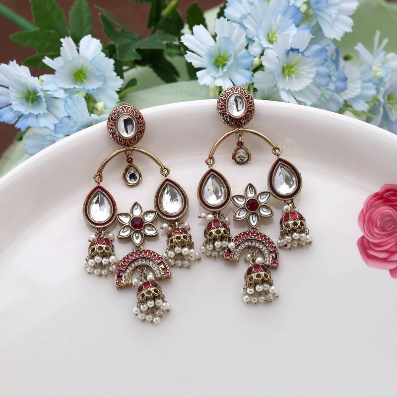Maroon color kundan earrings