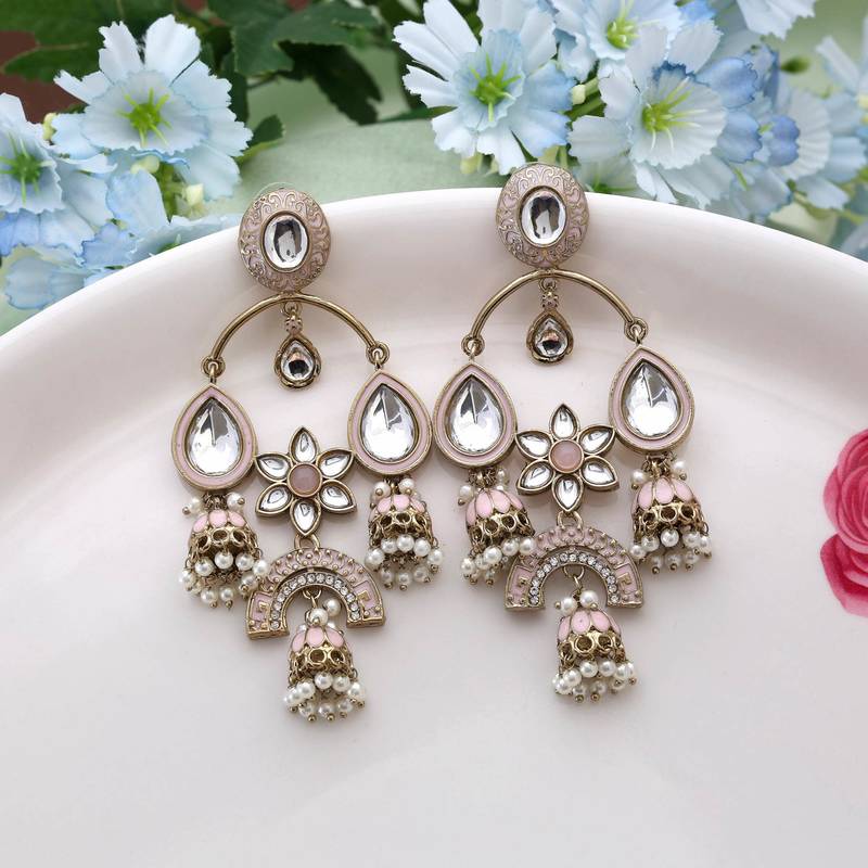 Pink color kundan earrings