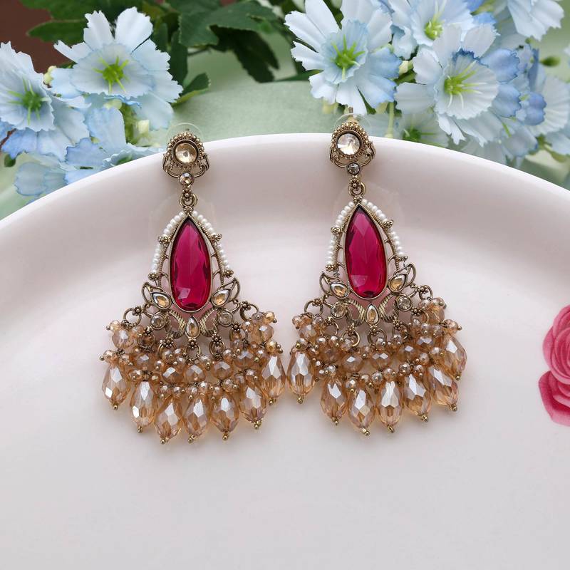 Rani color kundan earrings