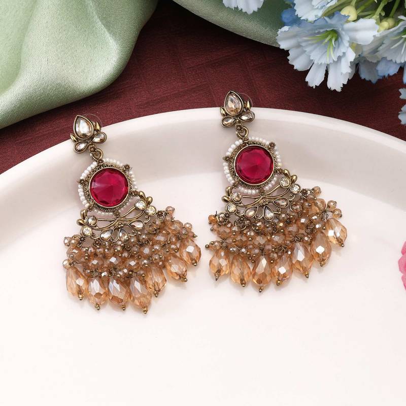 Rani color kundan earrings