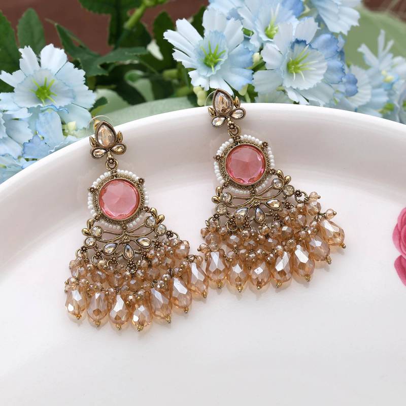 Pink color kundan earrings