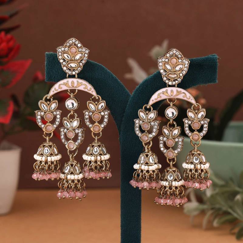 Pink color kundan earrings