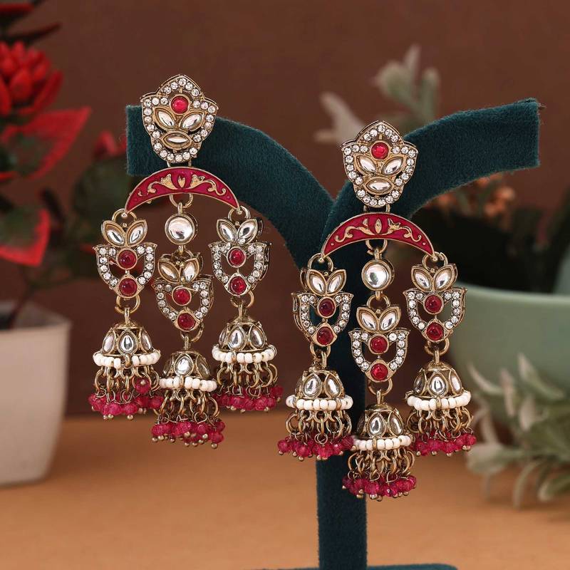 Rani color kundan earrings