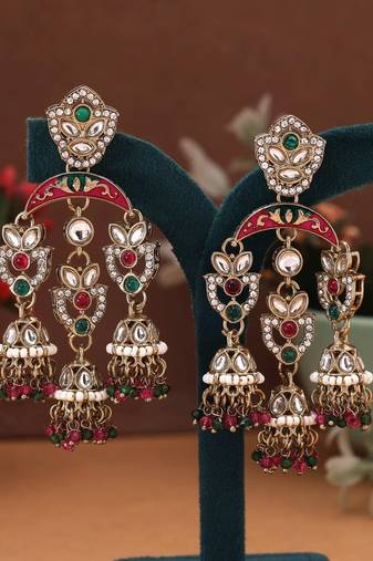 Rani & green color kundan earrings