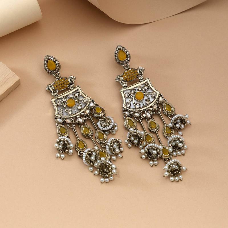 Yellow color kundan earrings