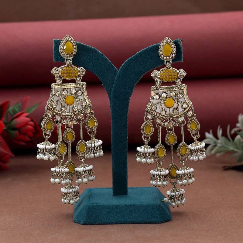 Yellow color kundan earrings