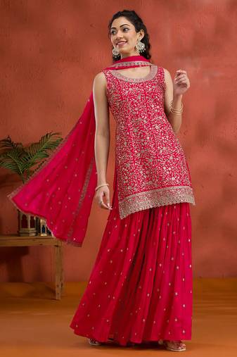 Red color embroideried faux georgette semi stitched salwar suit
