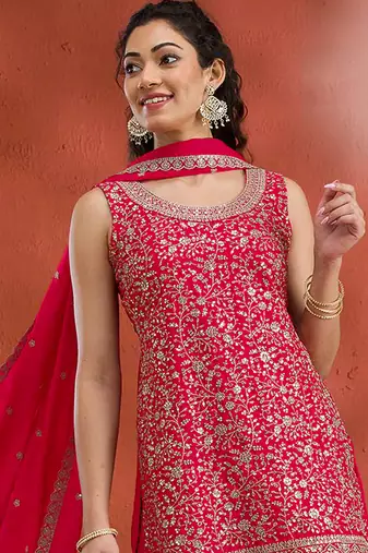 Red embroidered faux georgette salwar suit