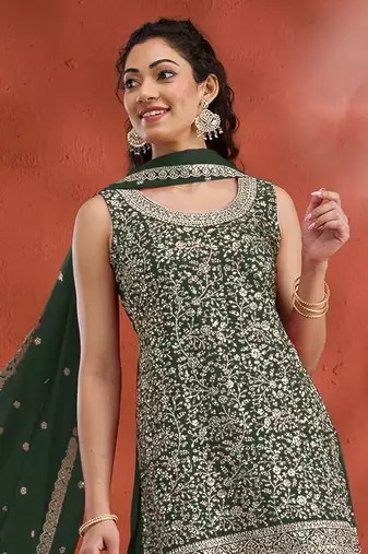Dark green embroidered faux georgette salwar suit