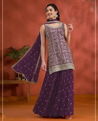 Dark purple embroidered faux georgette salwar suit 1