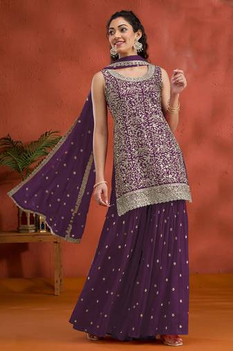 Dark purple color embroideried faux georgette semi stitched salwar suit