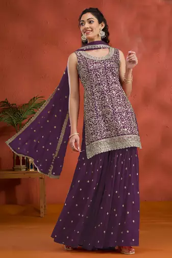 Dark purple color embroideried faux georgette semi stitched salwar suit
