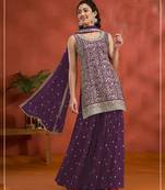 Dark purple color embroideried faux georgette semi stitched salwar suit
