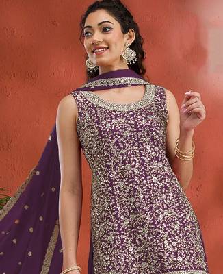 Dark purple embroidered faux georgette salwar suit 2