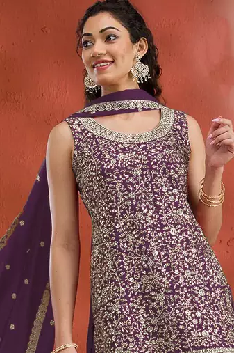 Dark purple embroidered faux georgette salwar suit