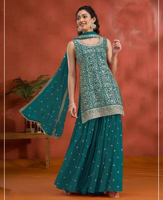 Teal embroidered faux georgette salwar suit 1