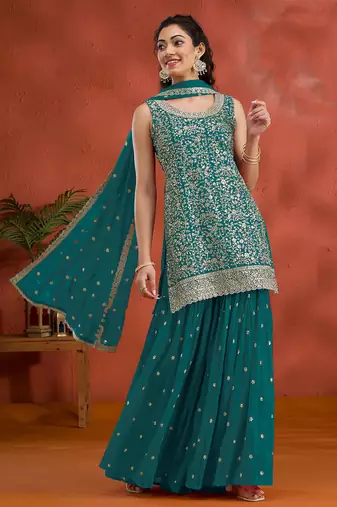 Teal color embroideried faux georgette semi stitched salwar suit