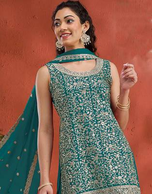 Teal embroidered faux georgette salwar suit 2