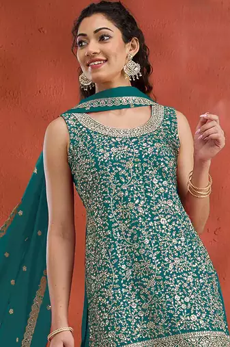 Teal embroidered faux georgette salwar suit