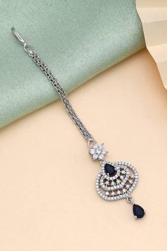 Navy blue color american diamond maang tikka