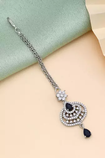 Navy blue color american diamond maang tikka