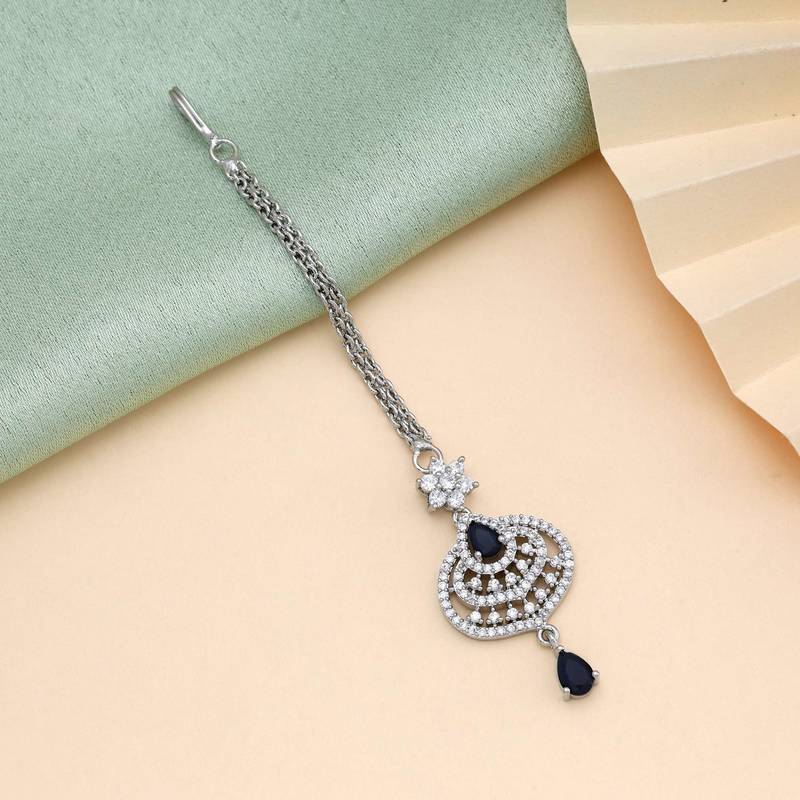 Navy blue color american diamond maang tikka