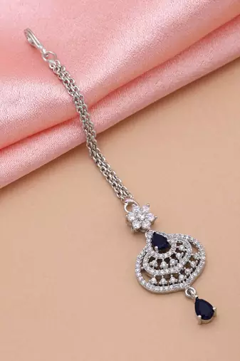 Navy blue color american diamond maang tikka