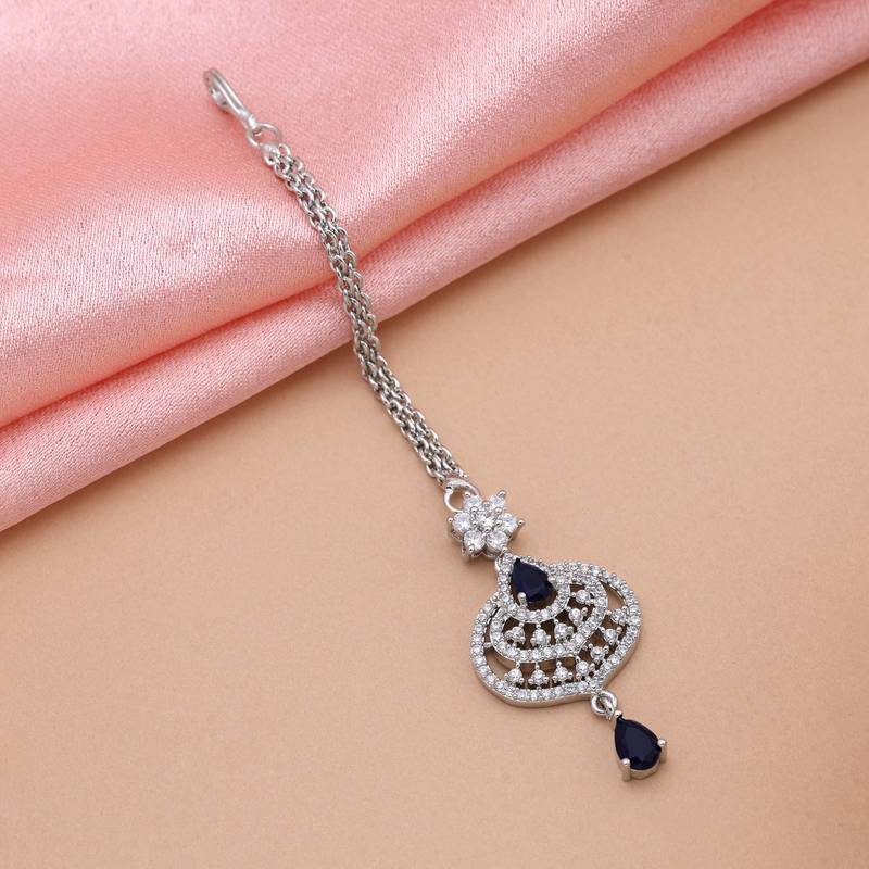 Navy blue color american diamond maang tikka