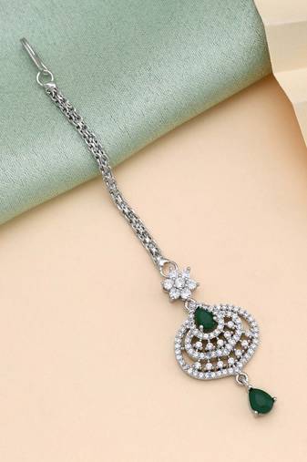 Green color american diamond maang tikka