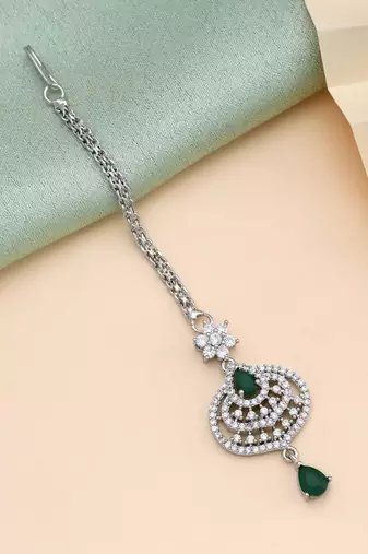 Green color american diamond maang tikka