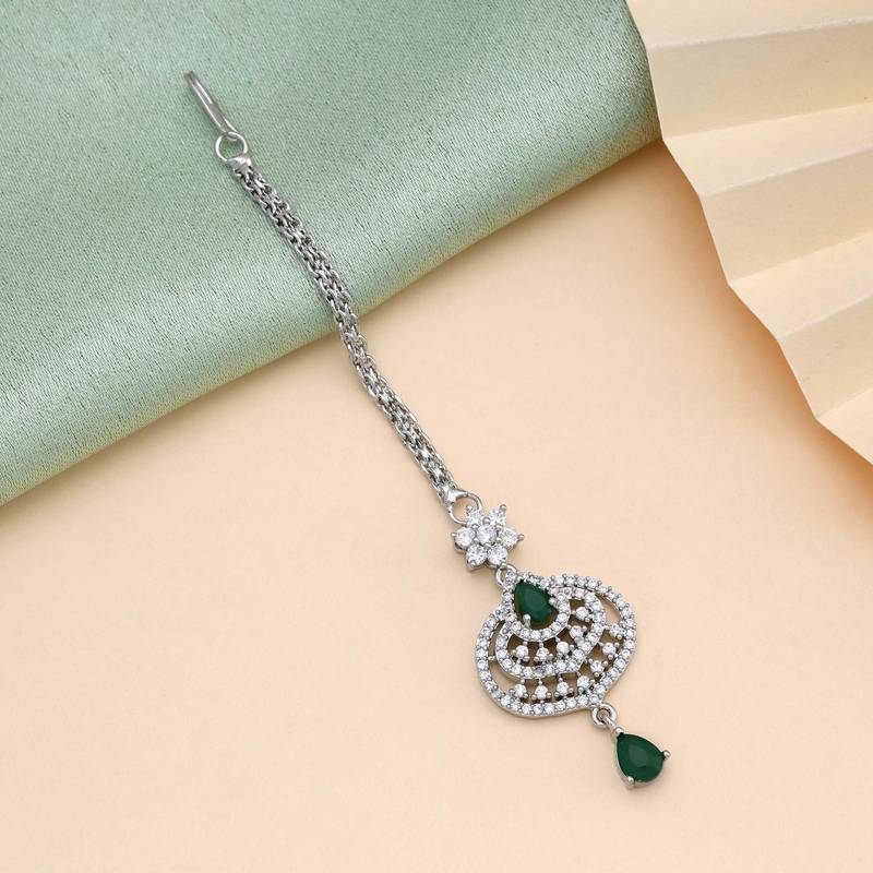 Green color american diamond maang tikka