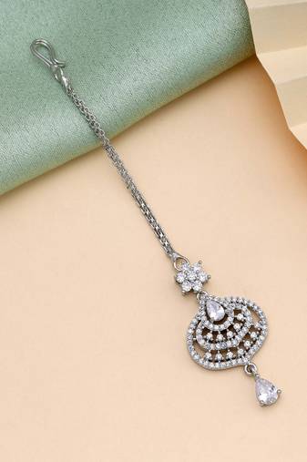 Silver color american diamond maang tikka