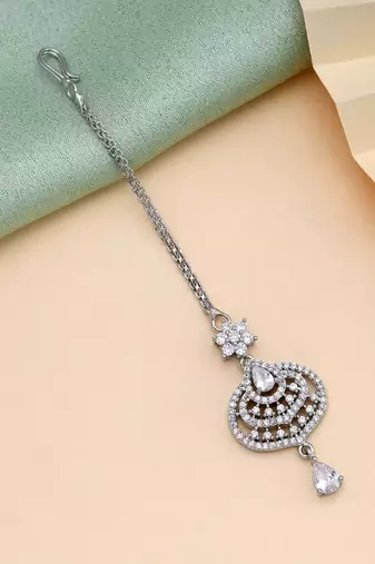 Silver color american diamond maang tikka
